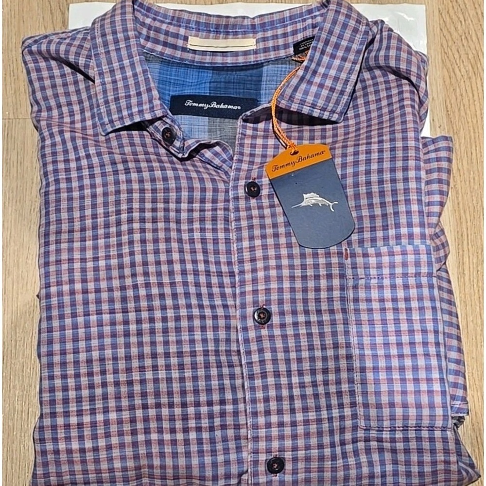 Tommy Bahama Mens Purple Blue Gingham Long Sleeve Button Down Cotton Shirt XL